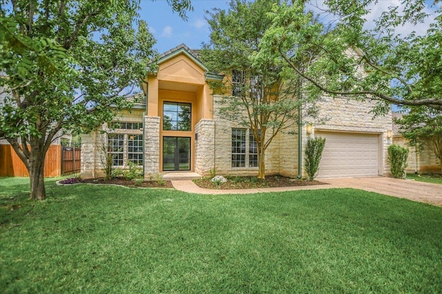 5412 Moon Shadow Dr, Austin, TX 78735 - view of front of property featuring fence, a front yard, concrete driveway, and stone siding