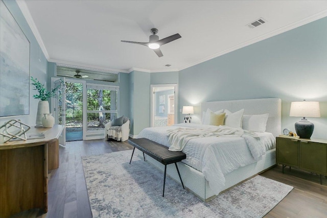 5412 Moon Shadow Dr, Austin, TX 78735 - bedroom with ornamental molding, access to exterior, visible vents, and wood finished floors
