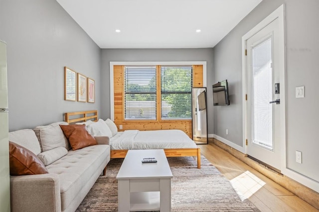 1712 Alleghany Dr, Austin, TX 78741 - living area featuring light wood finished floors, recessed lighting, and baseboards