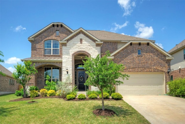 view of front facade with concrete driveway, a standing seam roof, a front lawn, and brick siding