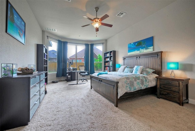 bedroom featuring carpet, visible vents, ceiling fan, and baseboards