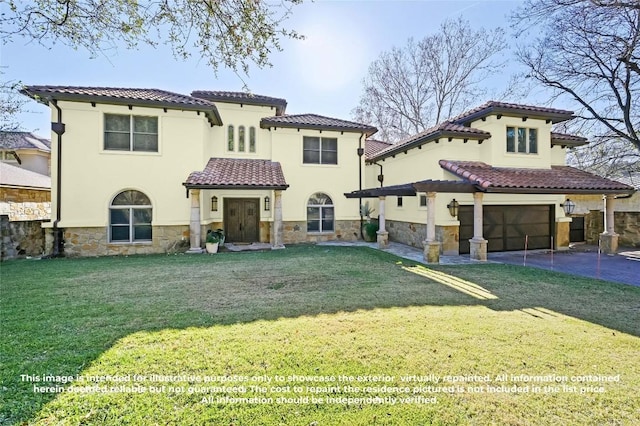 3111 Ski Shores Ter, Austin, TX 78730 - view of front facade featuring stone siding, a garage, a tile roof, stucco siding, and a front lawn
