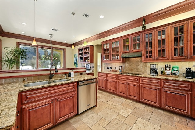 3111 Ski Shores Ter, Austin, TX 78730 - kitchen featuring stainless steel dishwasher, recessed lighting, black electric stovetop, stone tile flooring, and backsplash