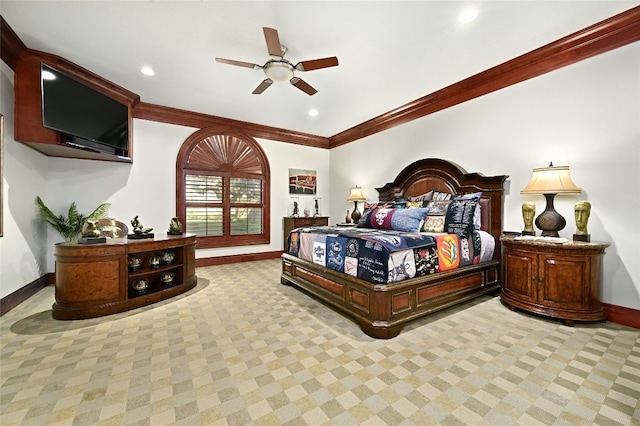 3111 Ski Shores Ter, Austin, TX 78730 - carpeted bedroom featuring recessed lighting, ceiling fan, and crown molding