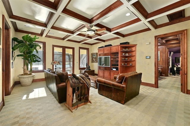 3111 Ski Shores Ter, Austin, TX 78730 - living room with light colored carpet, ceiling fan, coffered ceiling, beam ceiling, and french doors