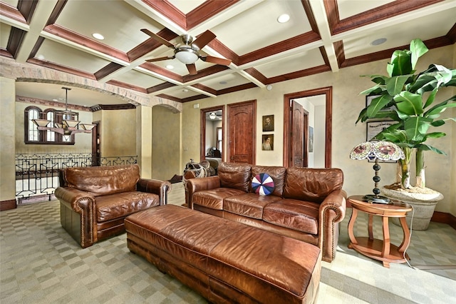 3111 Ski Shores Ter, Austin, TX 78730 - living room featuring light carpet, coffered ceiling, beamed ceiling, ceiling fan, and a chandelier