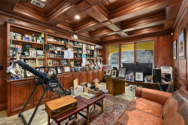 3111 Ski Shores Ter, Austin, TX 78730 - office space featuring a wood ceiling with exposed beams, ornamental molding, coffered ceiling, wood walls, and recessed lighting