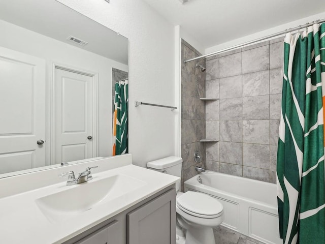 full bathroom featuring visible vents, shower / bath combination with curtain, toilet, and vanity