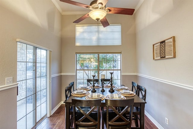 609 E Briarway Dr, Granite Shoals, TX 78654 - dining space with ceiling fan, dark wood-type flooring, crown molding, and baseboards