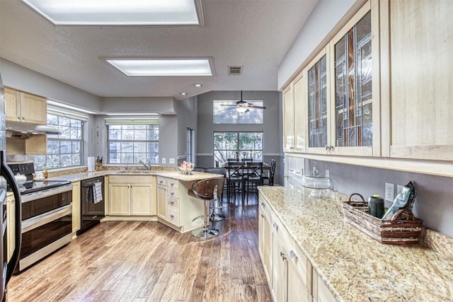 609 E Briarway Dr, Granite Shoals, TX 78654 - kitchen featuring double oven range, dishwasher, a textured ceiling, a sink, and a peninsula
