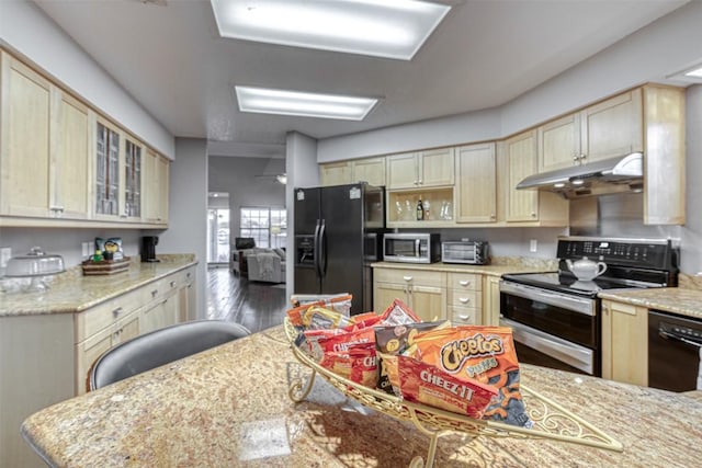 609 E Briarway Dr, Granite Shoals, TX 78654 - kitchen with black appliances, under cabinet range hood, light brown cabinetry, and glass insert cabinets