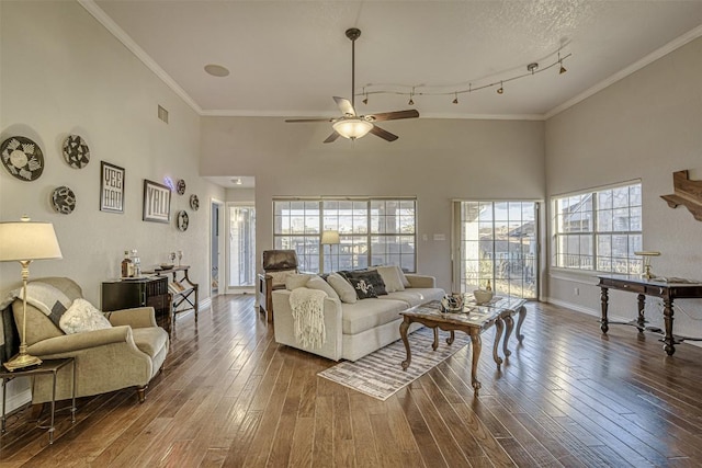 609 E Briarway Dr, Granite Shoals, TX 78654 - living room with dark wood-style flooring, a ceiling fan, ornamental molding, and a high ceiling
