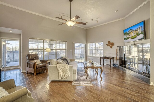 609 E Briarway Dr, Granite Shoals, TX 78654 - living area with a ceiling fan, wood finished floors, rail lighting, crown molding, and a towering ceiling