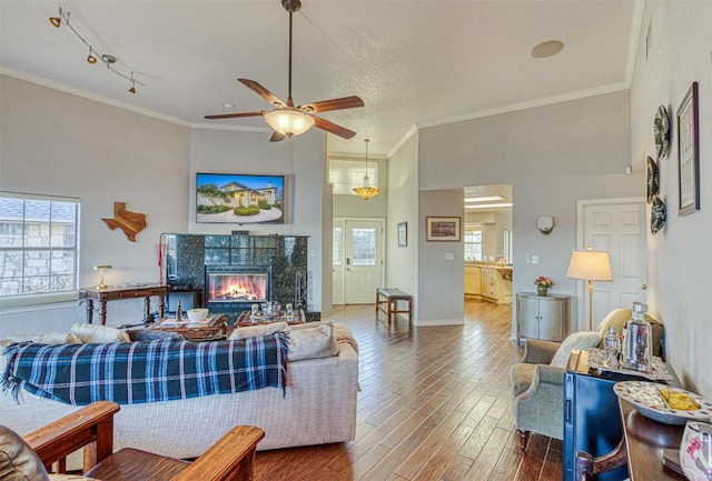 609 E Briarway Dr, Granite Shoals, TX 78654 - living room with a fireplace, wood finished floors, a ceiling fan, ornamental molding, and rail lighting