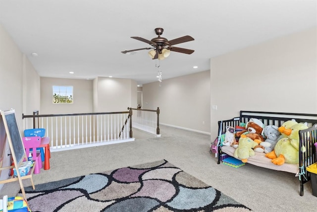 carpeted bedroom with recessed lighting and baseboards