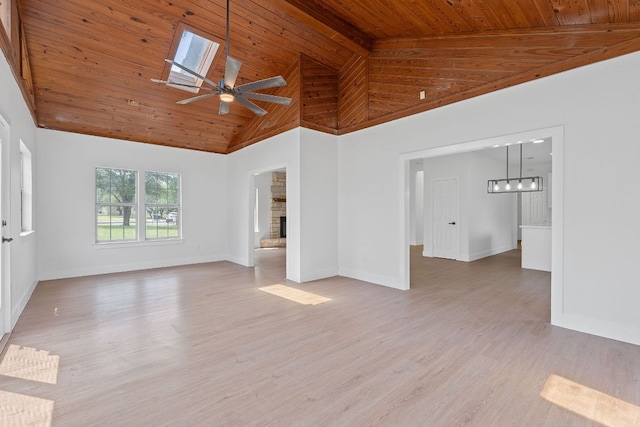 unfurnished living room with ceiling fan, wooden ceiling, baseboards, a fireplace with raised hearth, and high vaulted ceiling