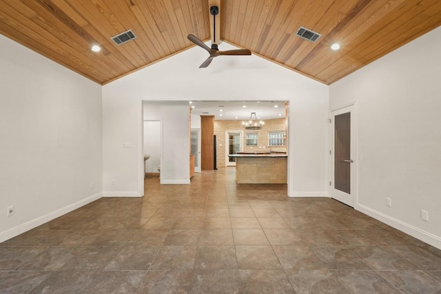 507 Arbors Cir, Elgin, TX 78621 - unfurnished living room featuring wood ceiling, ceiling fan, a chandelier, recessed lighting, and lofted ceiling