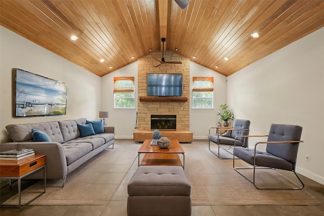 507 Arbors Cir, Elgin, TX 78621 - living room featuring wooden ceiling, plenty of natural light, a stone fireplace, and recessed lighting