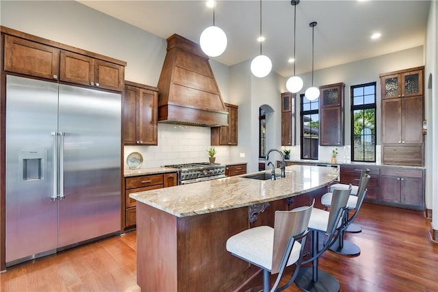 kitchen featuring custom exhaust hood, decorative backsplash, high quality appliances, a sink, and dark wood-type flooring