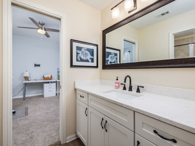 4525 Three Arrows Ct, Cedar Park, TX 78613 - bathroom with vanity, a ceiling fan, and baseboards