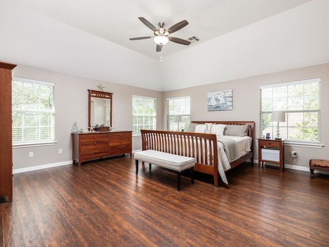 4525 Three Arrows Ct, Cedar Park, TX 78613 - bedroom with dark wood-style floors, multiple windows, baseboards, and vaulted ceiling