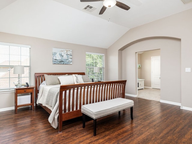 4525 Three Arrows Ct, Cedar Park, TX 78613 - bedroom featuring wood finished floors, vaulted ceiling, baseboards, and a ceiling fan