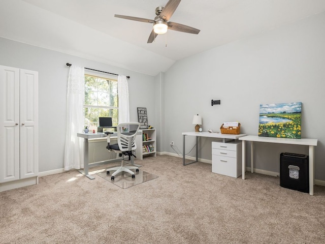 4525 Three Arrows Ct, Cedar Park, TX 78613 - carpeted home office featuring lofted ceiling, a ceiling fan, and baseboards