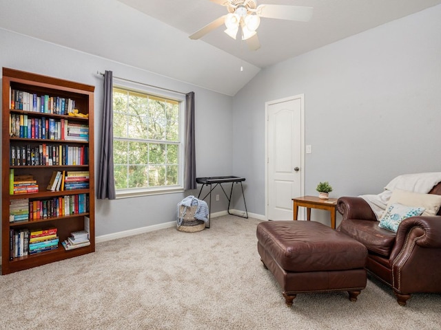 4525 Three Arrows Ct, Cedar Park, TX 78613 - living area featuring ceiling fan, carpet, lofted ceiling, and baseboards