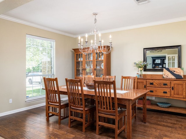 4525 Three Arrows Ct, Cedar Park, TX 78613 - dining room featuring crown molding, a chandelier, dark wood-style floors, and baseboards