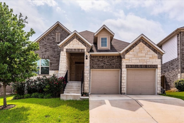 13305 Henneman Dr, Pflugerville, TX 78660 - view of front of house with concrete driveway, roof with shingles, a front lawn, brick siding, and a garage