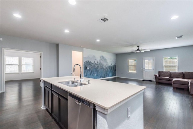 13305 Henneman Dr, Pflugerville, TX 78660 - kitchen featuring a sink, visible vents, open floor plan, dishwasher, and a ceiling fan