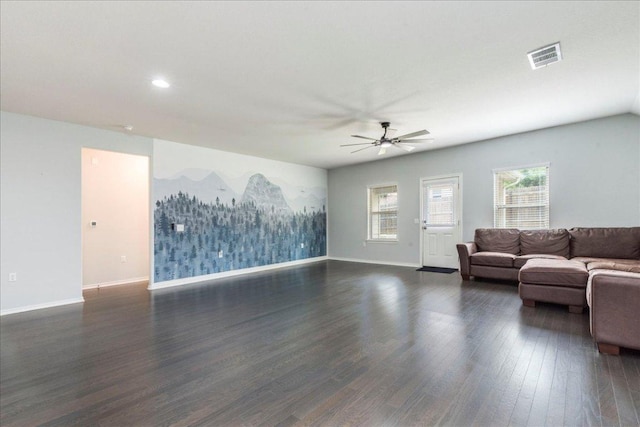13305 Henneman Dr, Pflugerville, TX 78660 - living area featuring baseboards, visible vents, ceiling fan, and dark wood-type flooring