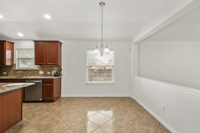 155 San Miniato St, Georgetown, TX 78628 - kitchen with dishwasher, healthy amount of natural light, tasteful backsplash, a chandelier, and recessed lighting