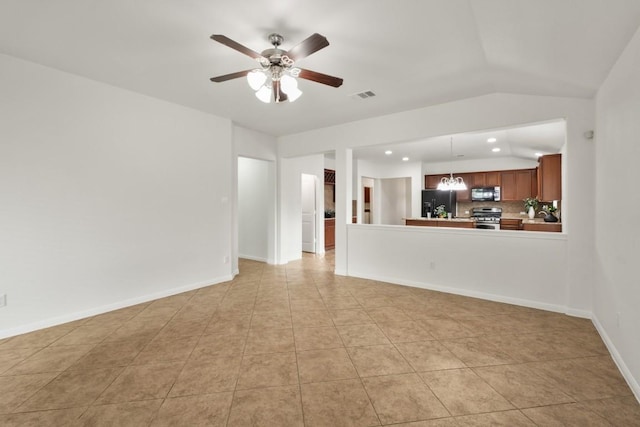 155 San Miniato St, Georgetown, TX 78628 - unfurnished living room with a ceiling fan, lofted ceiling, light tile patterned floors, a chandelier, and recessed lighting