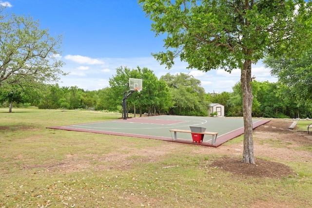 155 San Miniato St, Georgetown, TX 78628 - view of sport court with a yard, community basketball court, a storage unit, and view of scattered trees