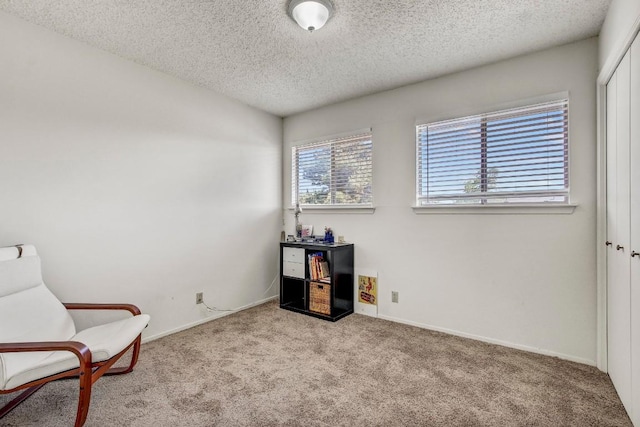 sitting room featuring baseboards, carpet floors, and a textured ceiling