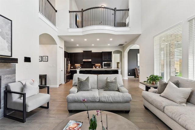 361 Wild Pecan Loop, Buda, TX 78610 - living room featuring arched walkways, a towering ceiling, and light wood-style floors