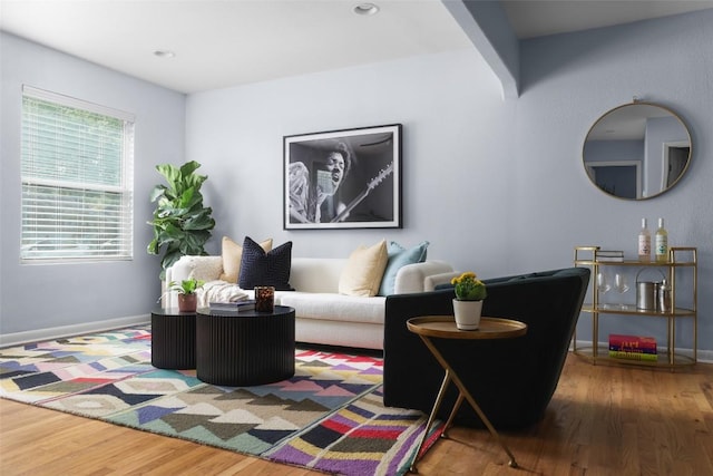 living room with wood finished floors and baseboards