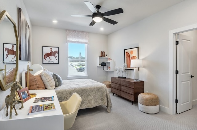 bedroom with baseboards, recessed lighting, ceiling fan, and carpet floors