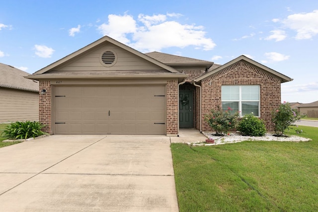 447 Discovery Dr, Kyle, TX 78640 - ranch-style house with brick siding, driveway, a garage, and a front lawn