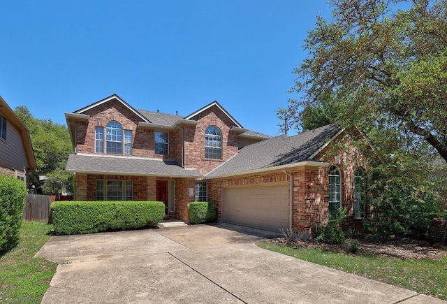 11100 Alison Parke Trl, Austin, TX 78750 - traditional-style home with brick siding, an attached garage, concrete driveway, and a shingled roof