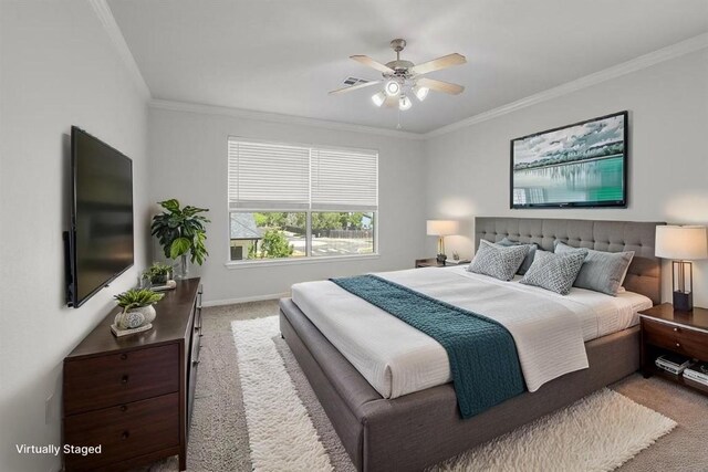 11100 Alison Parke Trl, Austin, TX 78750 - bedroom featuring light carpet, ornamental molding, baseboards, and ceiling fan