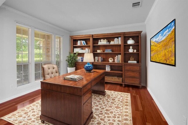 11100 Alison Parke Trl, Austin, TX 78750 - office featuring baseboards, dark wood finished floors, and crown molding