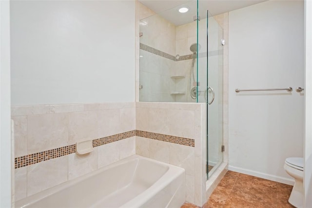 full bathroom featuring a shower stall, baseboards, toilet, recessed lighting, and a bath