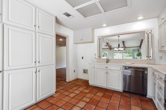 kitchen featuring a sink, visible vents, white cabinetry, light countertops, and stainless steel dishwasher