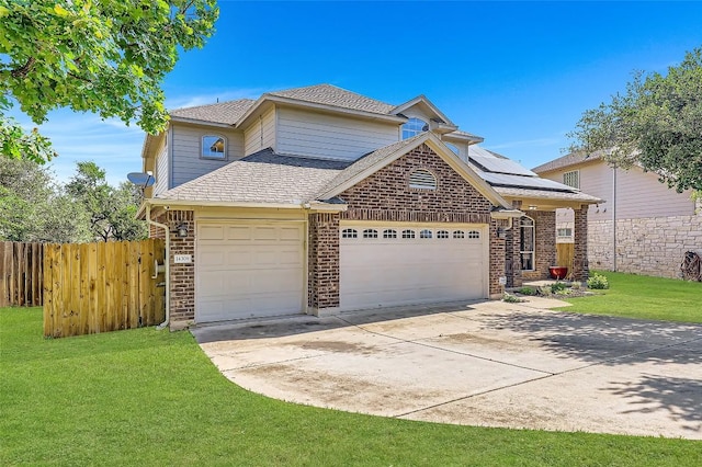 14308 Homestead Village Cir, Austin, TX 78717 - traditional-style home featuring driveway, a garage, solar panels, brick siding, and roof with shingles