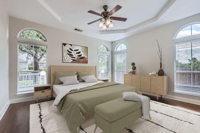 14308 Homestead Village Cir, Austin, TX 78717 - bedroom with a raised ceiling, dark wood-style flooring, baseboards, and ceiling fan