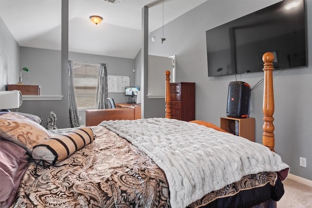 carpeted bedroom featuring visible vents, vaulted ceiling, and baseboards