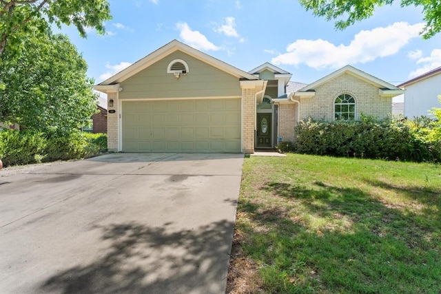 single story home featuring a garage, brick siding, a front lawn, and concrete driveway