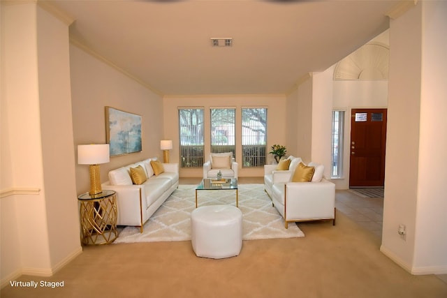 carpeted living room featuring visible vents, crown molding, and baseboards